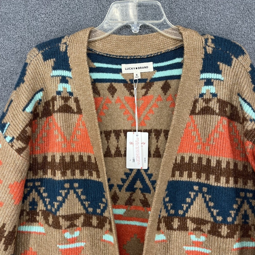 Lucky Brand Women Aztec Open Front Drape Cardigan XL Brown‎ Blue Boho western - Picture 3 of 15